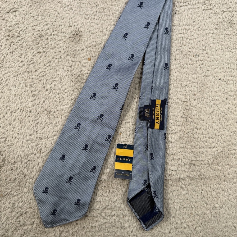 Ralph Lauren Rugby Tie Blue 100% Silk Skull Crossbone Made in Italy NEW